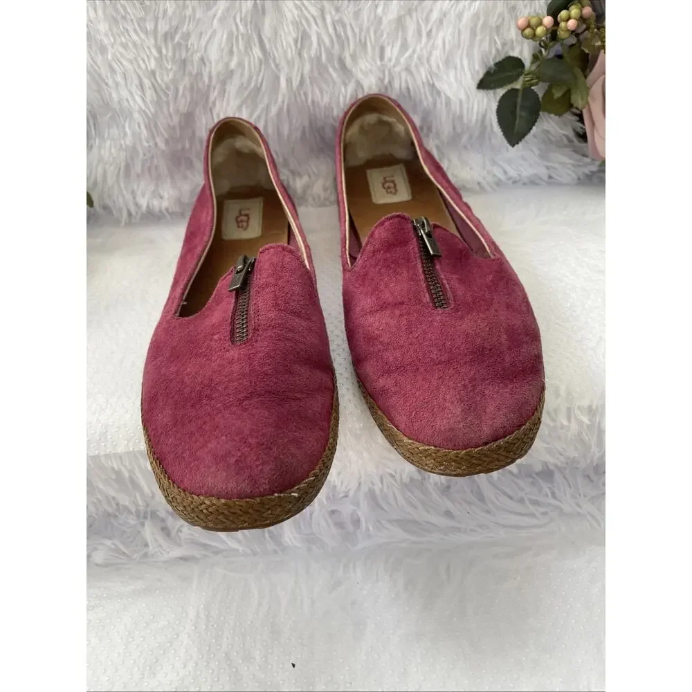 UGG Pink Suede Zip Front Flats Loafers Espadrille Trim Women’s Size 10 EU 41